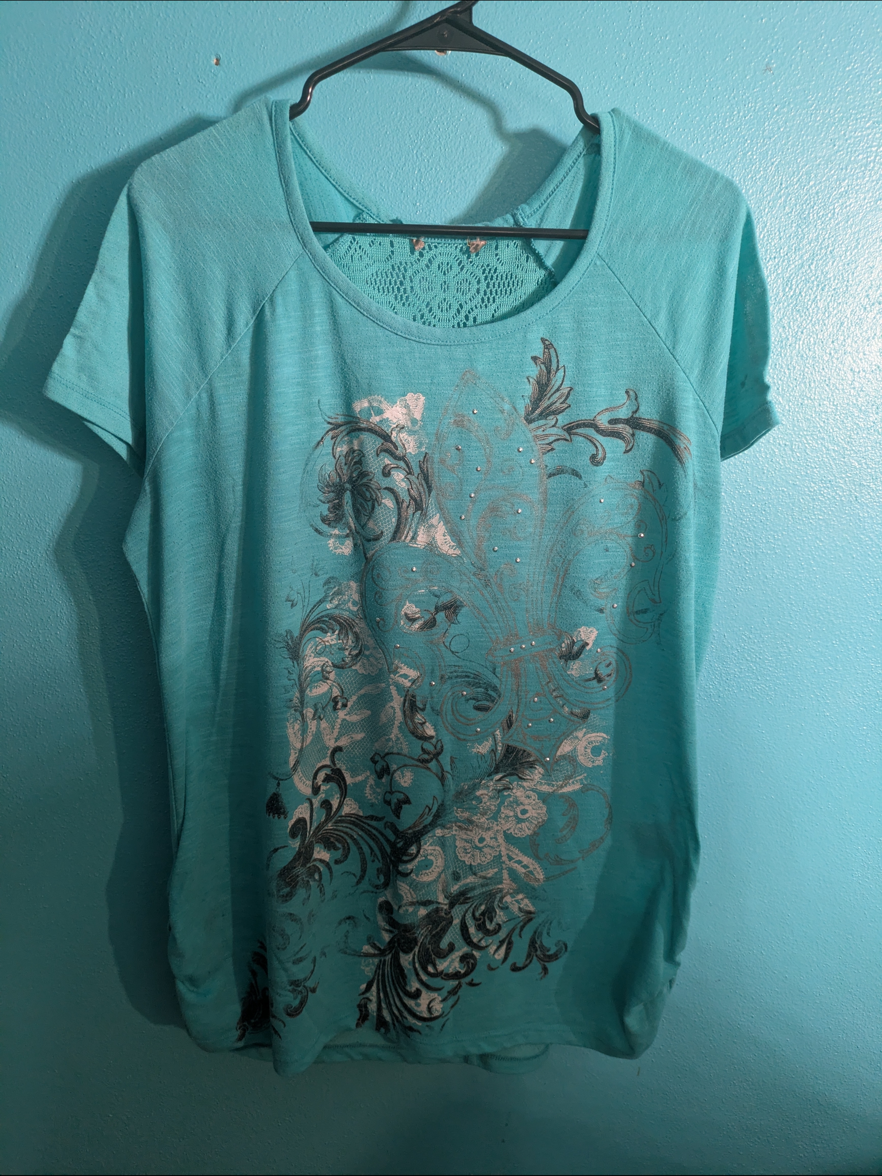 Faded Glory Turquoise Short-Sleeve Embellished Tee With Lace Back
